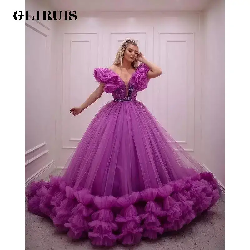 Purple Luxury Quinceanera Dresses Puffy Elegant V Neck Tulle Ruffles