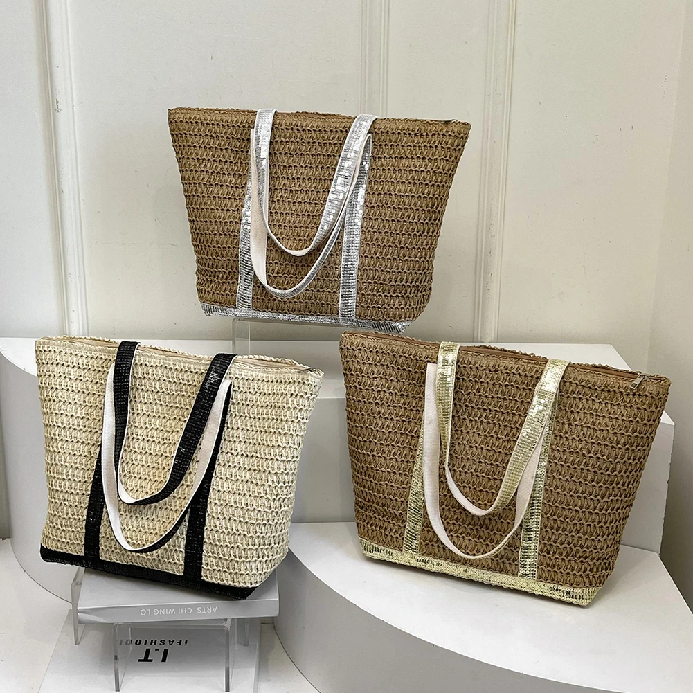 Women Boho Shoulder Bag Large Capacity Sequins Weaving Travel Bag Contrast Color Minimalist Tote Bag Ladies Summer Daily Bag