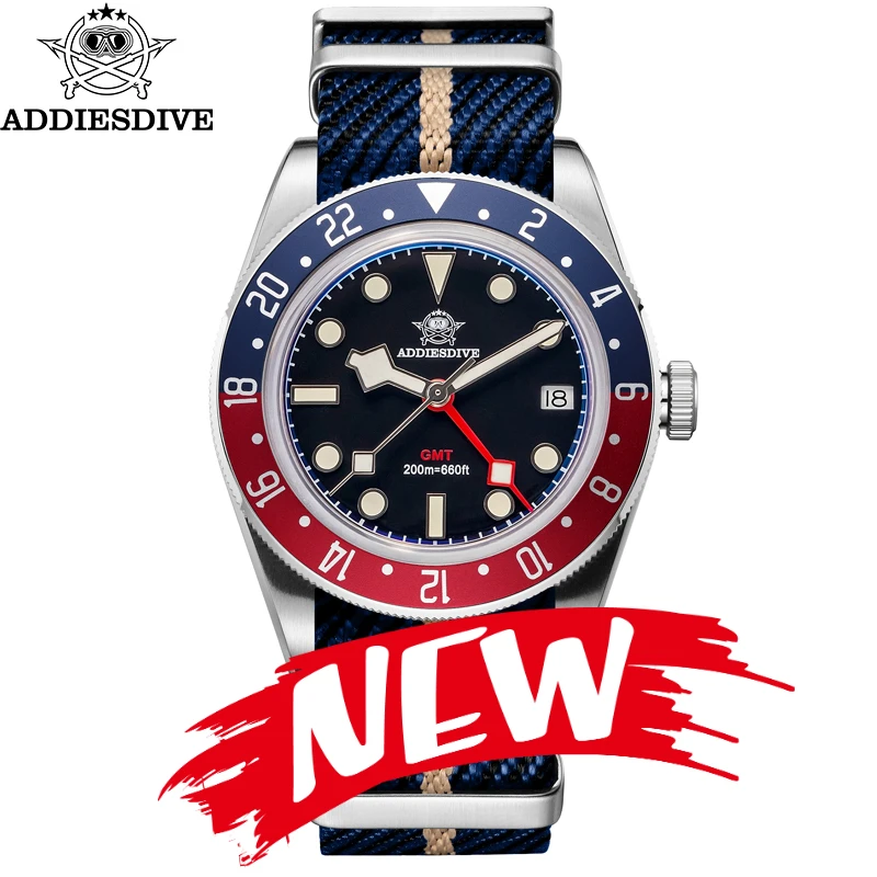 ADDIESDIVE Men's Watch 200M Waterproof GMT Watch Relogios Masculino Bubble Mirror Glass BGW9 Super Luminous Quartz Watches