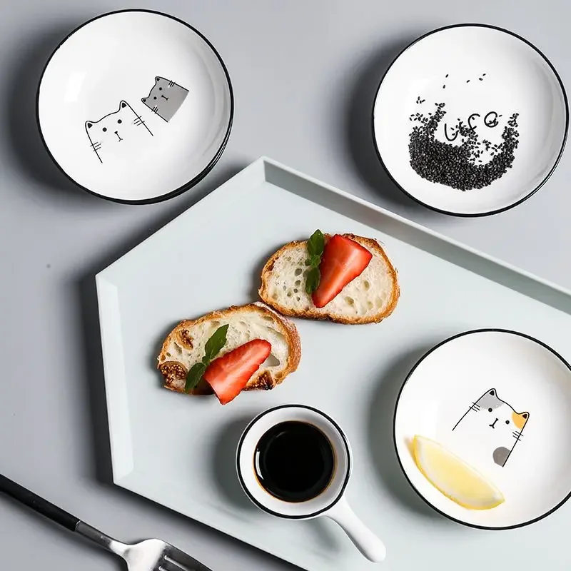 Ceramic Tableware Snack Dipping Saucer Household Seasoning Box Scandinavian Style Cat Pattern Round Shape