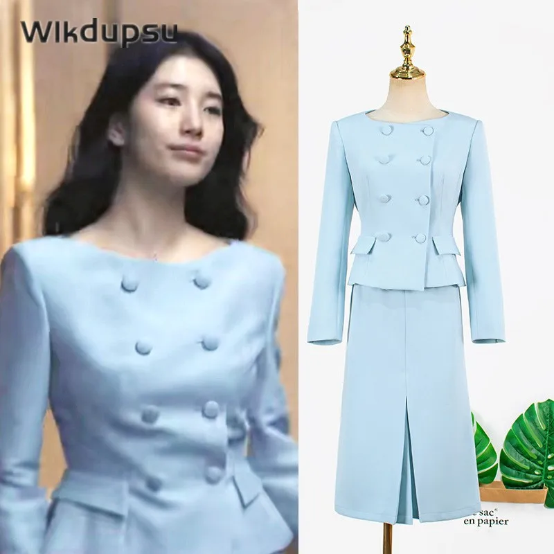 

Vintage Office Lady Double Breasted Blazer Top Slim High Waist Skirt Suit Two Piece Set Outfits Korean Style Elegant Suit Female