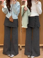 Plus Size ay Woolen Thiened Removable Wide Leg Pants Women's Fake Two-Piece High Waist Lazy Design Casual Pants Autumn Winter