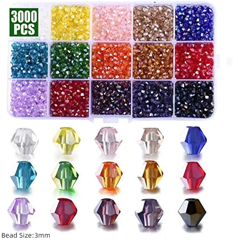 3 4 6 mm Doppelkegel-Kristallperlen-Box, facettenreiches, unregelmäßiges Glasperlen-Set, 15 Gitter, lose Abstandshalter-Set für die Schmuckherstellung, DIY-Armband – Detail 3