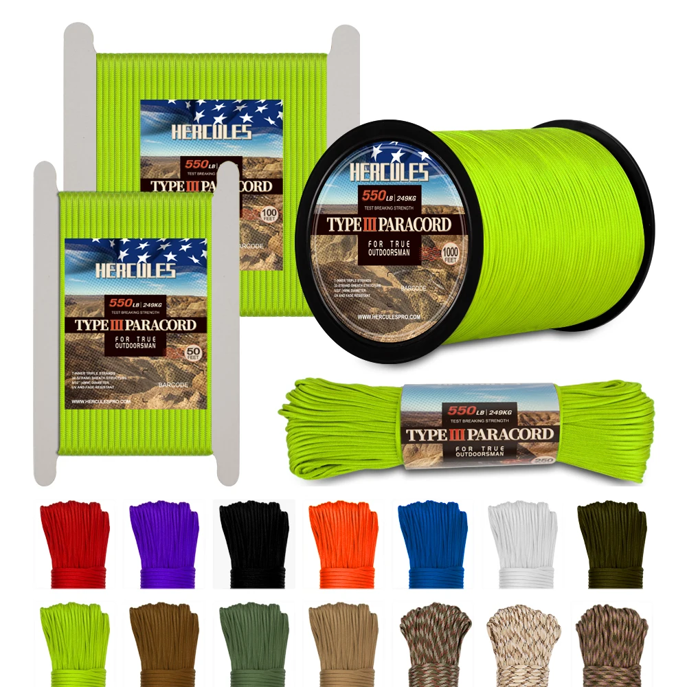 

HERCULES-Reflective Paracord for Survival, Type III, 550 Paracord Rope, Parachute Cord, Green, 50 FT100FT, 250FT