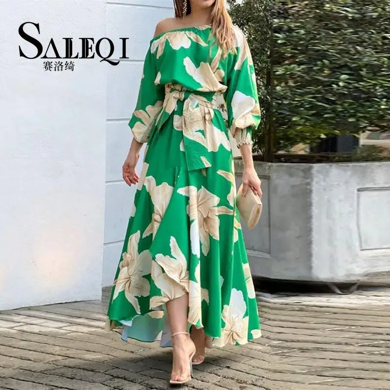 

2023 Summer New Women's Print Off Shoulder Sexy Long Sleeve Swing Dress Elegant Long Dress