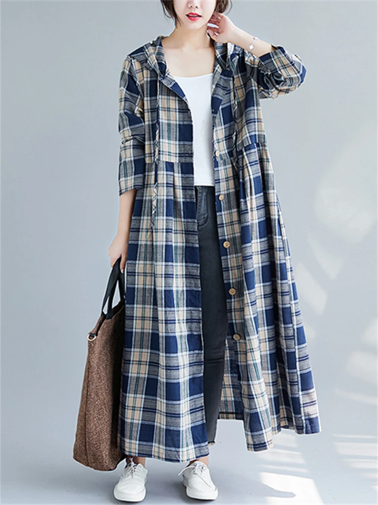 2025 New Arrival Autumn Winter Women Casual Loose Hooded Trench Coat Long Sleeve Single Breasted Plaid Cotton Office Lady Dress