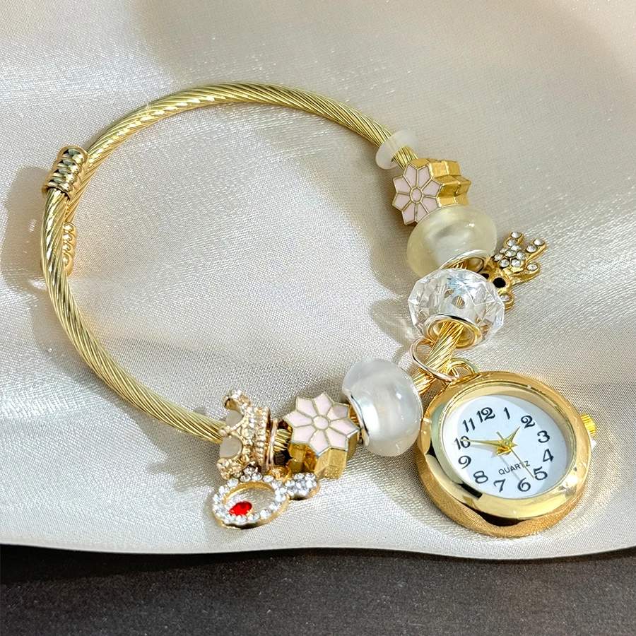 Cross-border Gold Bracelet Watch Adjustable opening Alloy bracelet Quartz Watch Beaded Small flower bracelet Watch 2