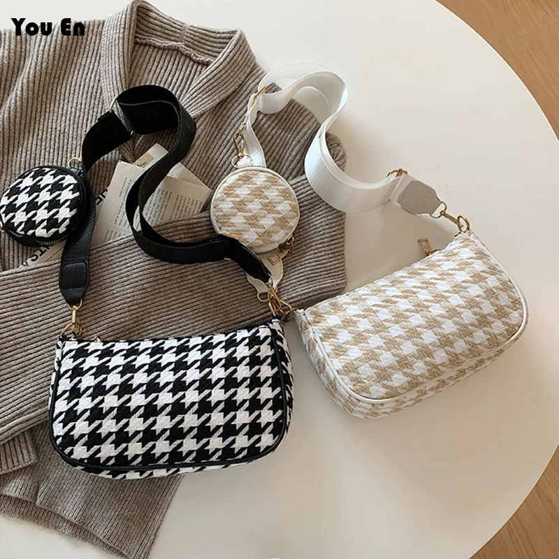 

Retro checkered shoulder bag women new fashionable wide shoulder strap mini round wallet pendant casual crossbody bag