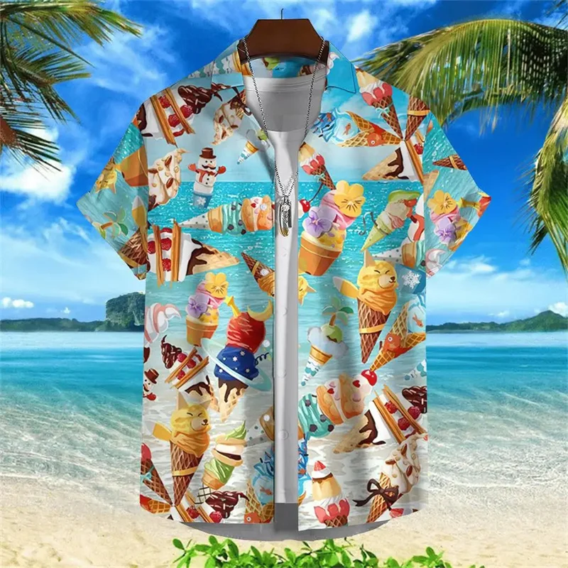 thumbnail image 1 of Camisa hawaiana con estampado 3D de helado para hombre, blusa con gráfico costero, camisas de manga corta para playa, surf, vacaciones de verano, 1 of 5