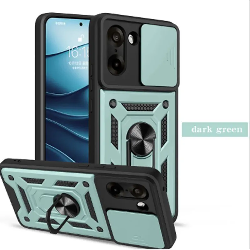 Slide Lens Cover with Magnetic Ring Stand Holder - Shockproof Armor Protection Phone Case