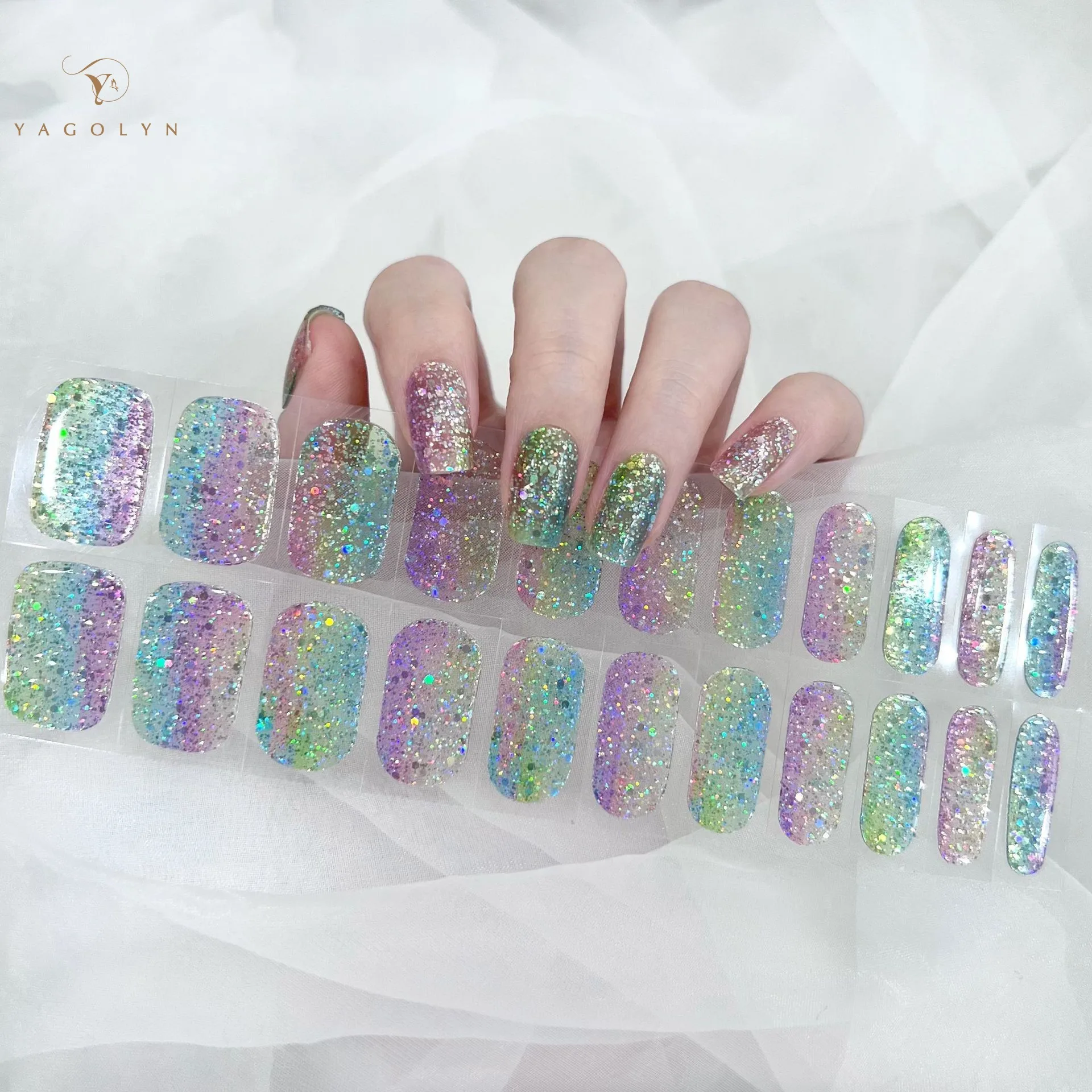 Multicolor Decals Gel Nail Stickers for UV Lamp Semi Cured Gel Nails Strips 22Tips/Sheet