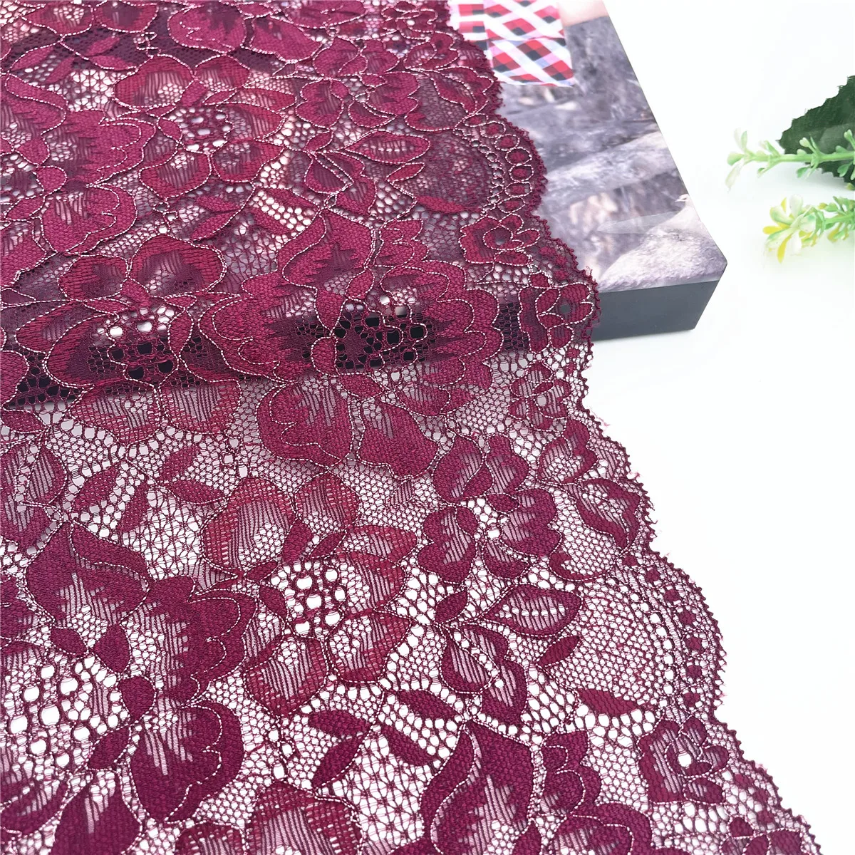 3y/lot Width 17.50cm Burgundy With Silver Elastic Stretch Lace 2