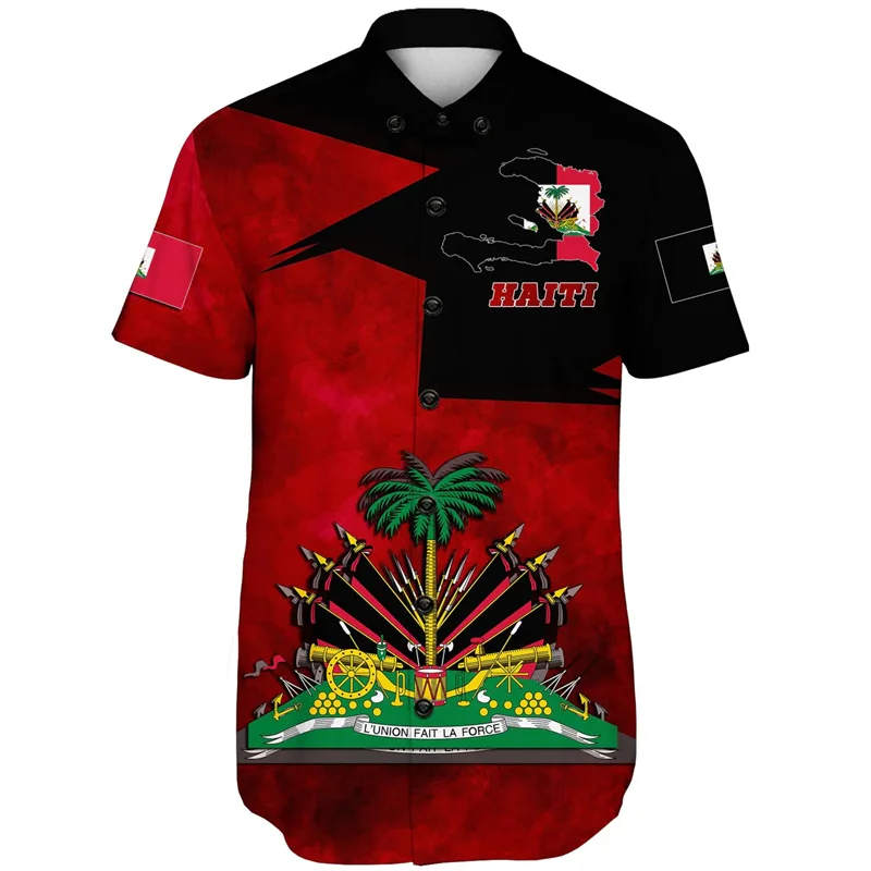thumbnail image 1 of Camisas hawaianas con estampado 3D para hombres, camisa dashiki con bandera de Haití, camisas polinesias de manga corta, blusas casuales de moda para mujeres y niños, ropa, 1 of 5