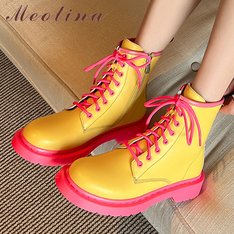 

Meotina Women Genuine Leather Ankle Boots Round Toe Platform Block High Heel Zipper Lace-up Lady Short Boot Autumn Winter Shoes
