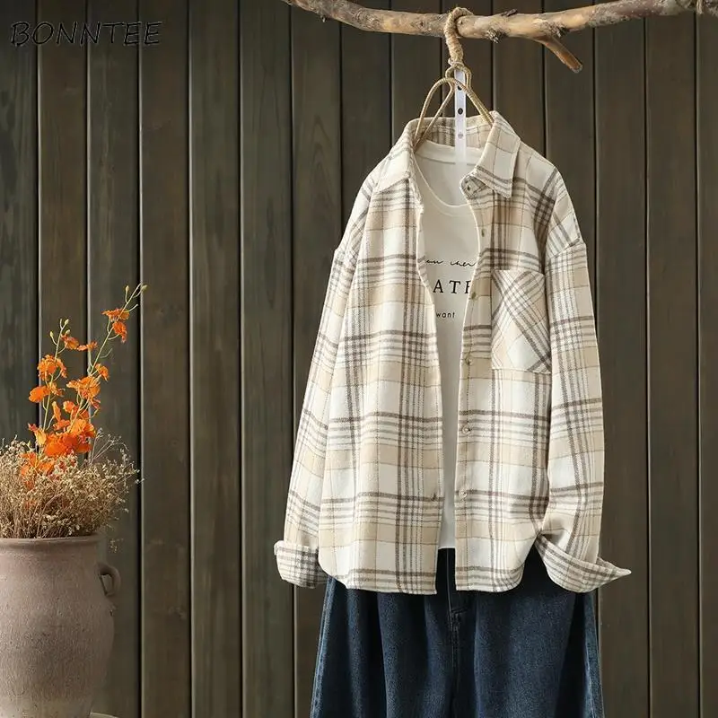 

Рубашки женские в клетку, винтажные повседневные универсальные однобортные в стиле ретро, бойфренды, молодежная модная одежда в Корейском стиле, 3XL, на осень