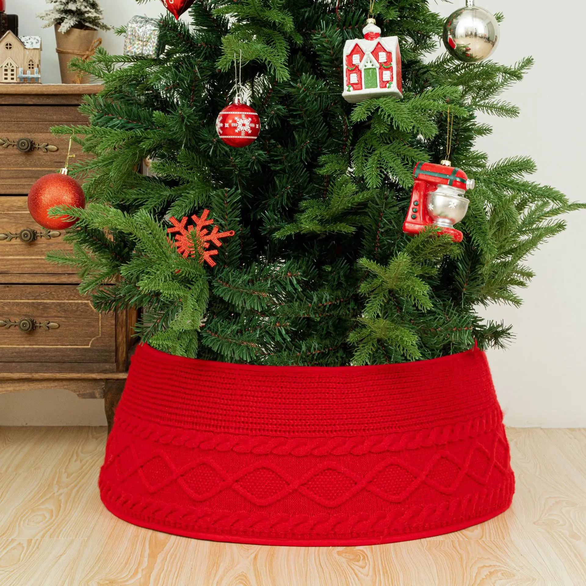 Collar De Punto Para Árbol De Navidad 72x23 Cm | Estilo Rústico Con Patrón Cruzado Y Color Crema