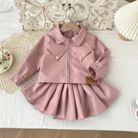 Girls Set Autumn Outfit New Stylish Korean Version Leather Jacket Pleated Skirt Two-piece Set Fashionable and Stylish
