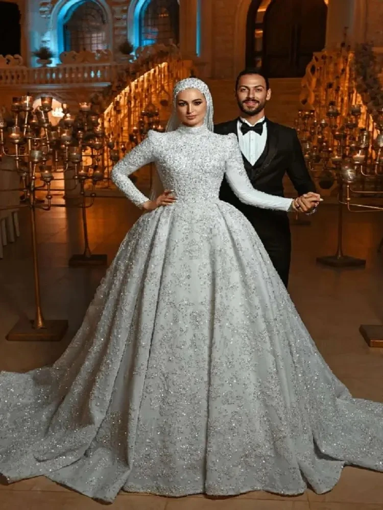 

Muslim Long Sleeves Wedding Dresses Lace Sequined Beading Bridal Princess Gowns Custom Made Vestidos De Novia
