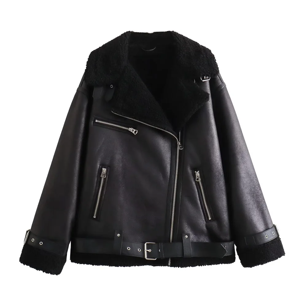 UNIZERA 2023 Autumn/Winter New Women's Wear New Fashion Casual Loose Versatile Leather and Fur One Piece Jacket Coat 3