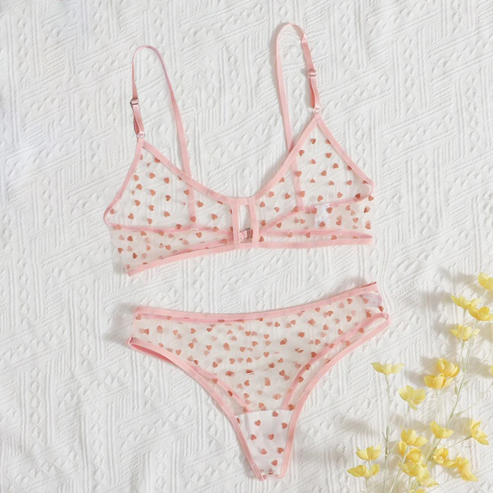 Women Sexy Sheer Lingerie Set Ultra-thin Mesh See-through Erotic Underwear Heart Shape Cute Bra Set Cute Seamless Nightwear