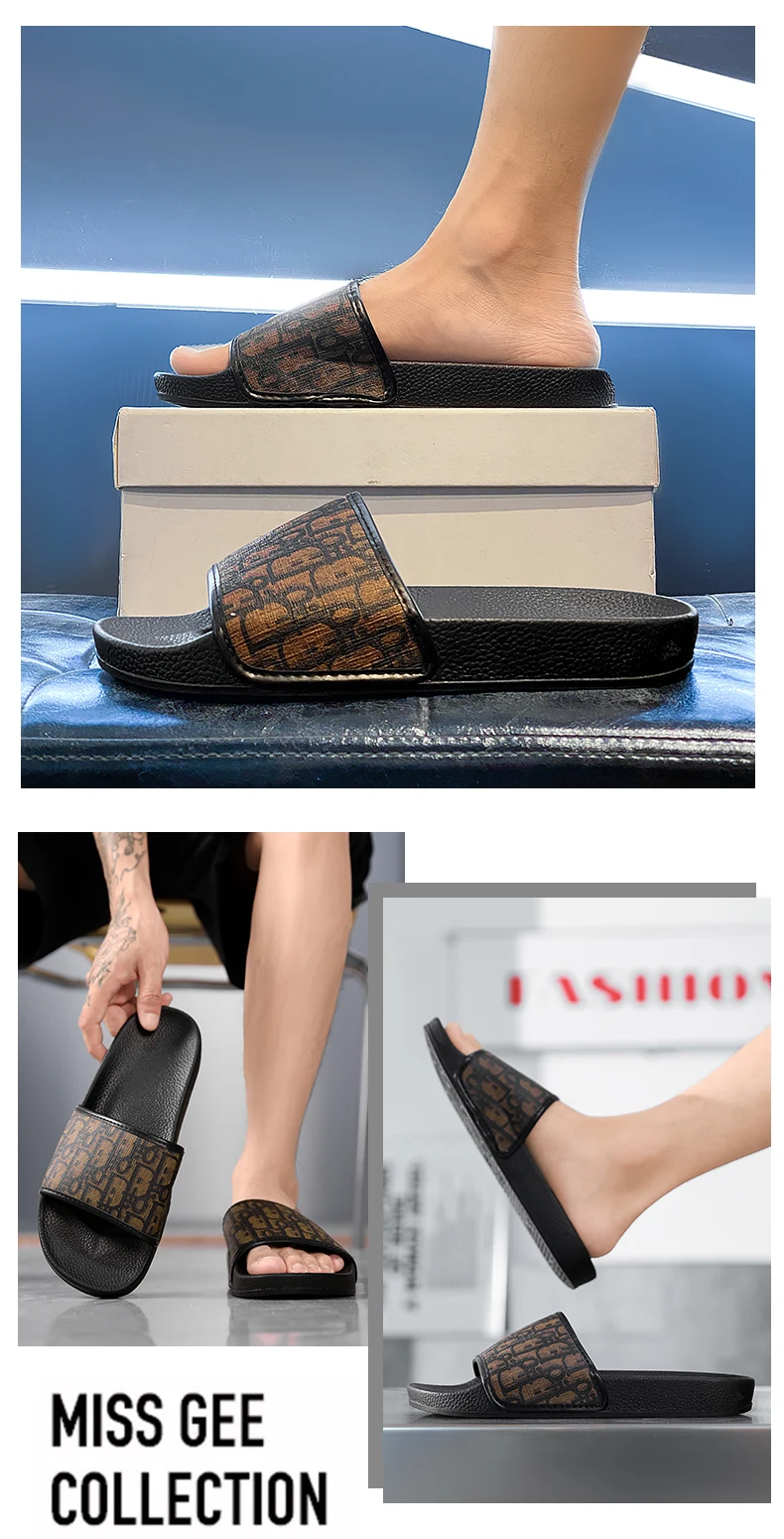 شباشب منزلية للرجال خفيفة الوزن صيفية بنمط جديد مسطحة وبالية كاجوال منقوشة كلاسيكية صنادل مضادة للانزلاق سريعة الجفاف