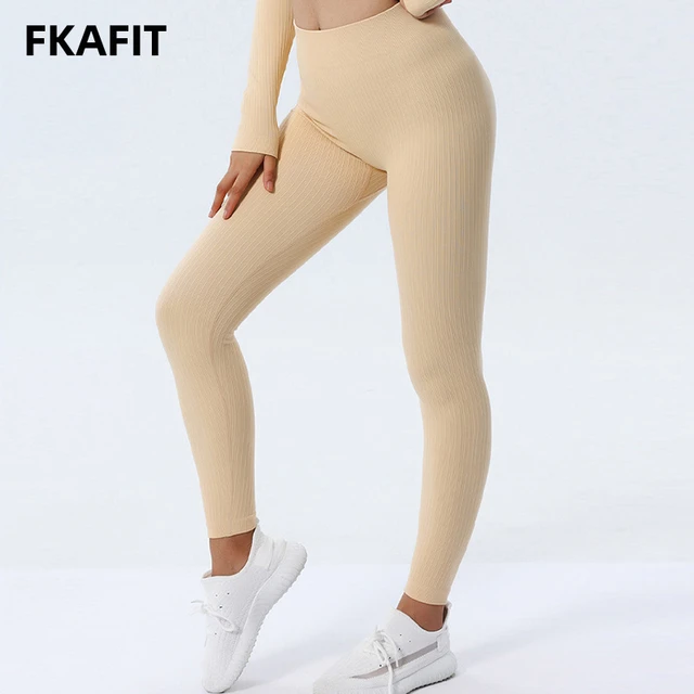 Women's Beige High Waist Seamless Ribbed Leggings - AliExpress