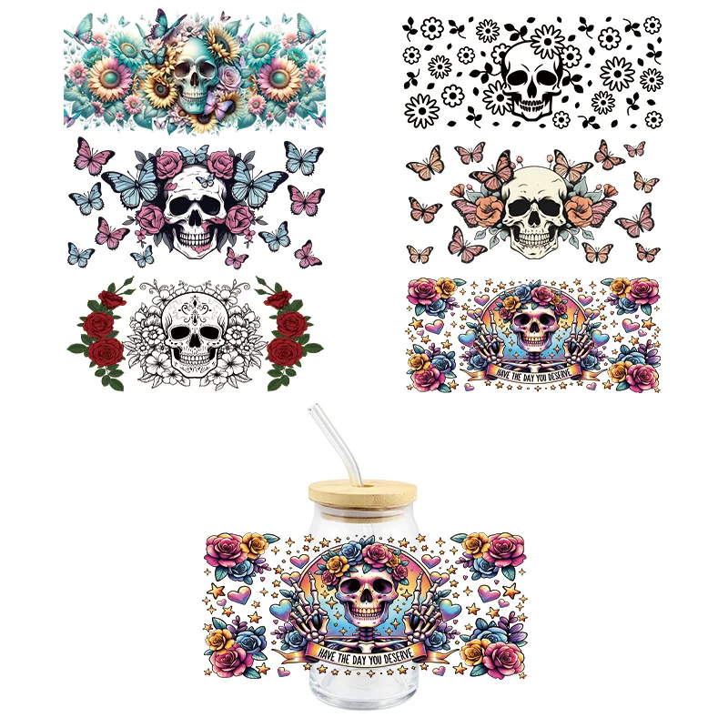 Cool Skull Head UV DTF Wrap Transfer Stickers 3D Cartoon Fashion Design DTF Wrap For Glasses Cups Mugs Waterproof Decal