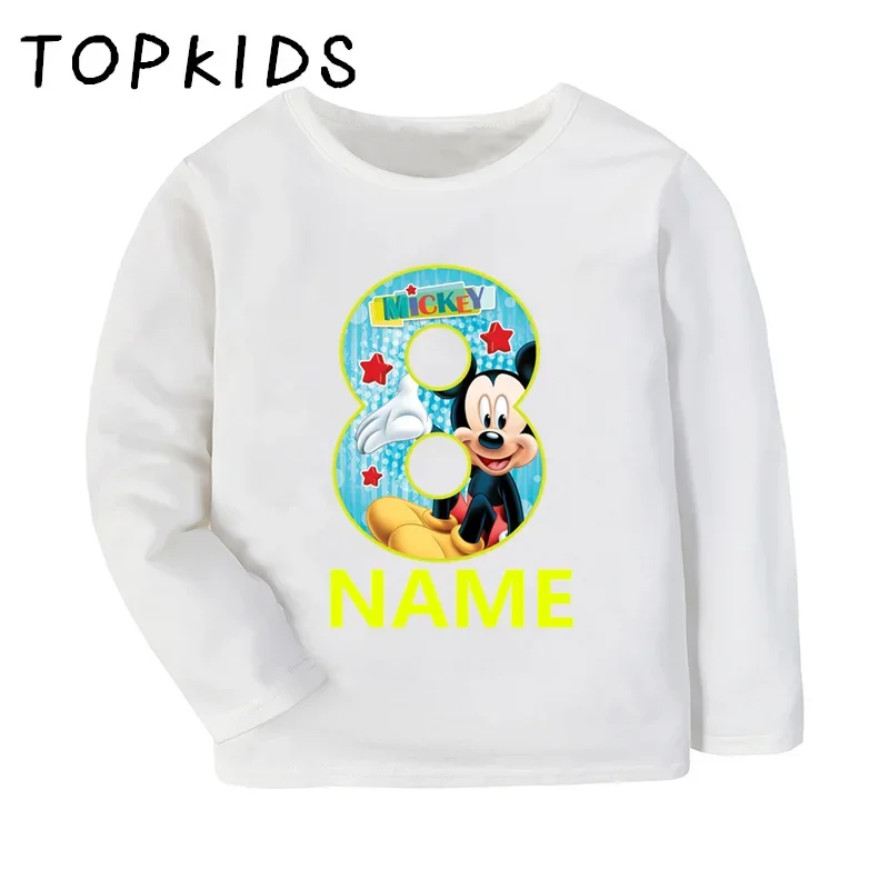 Mickey Mouse Print Boys T shirt 1 2 3 4 5 6 7 8 9 Years Birthday Number Bow Custom Name Kids Long Sleeve T-shirts Girls Clothes 4