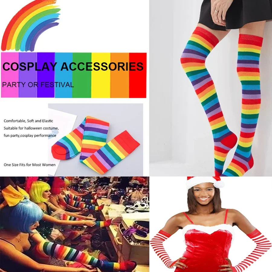 Women Thigh Socks Rainbow Striped Over Knee High Stockings Girls
