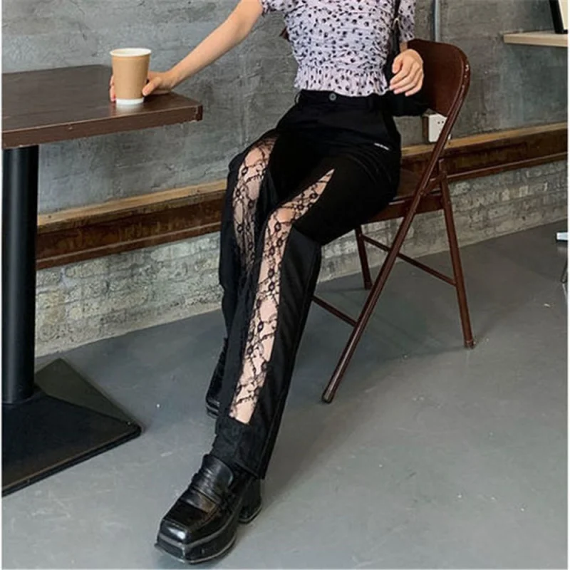 

Punk Jogger Women Pants Gothic Summer Thin Dark Aesthetic Trouser Black Lace Patchwork Button Zipper Flared Pant Korean