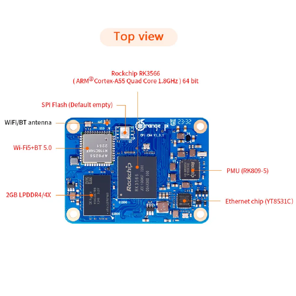 Orange Pi CM4 2GB RAM 32GB eMMC Flash Single Board Computer Rockchip RK3566, Quad-core, WiFi+BT with BLE, 4K Development Board