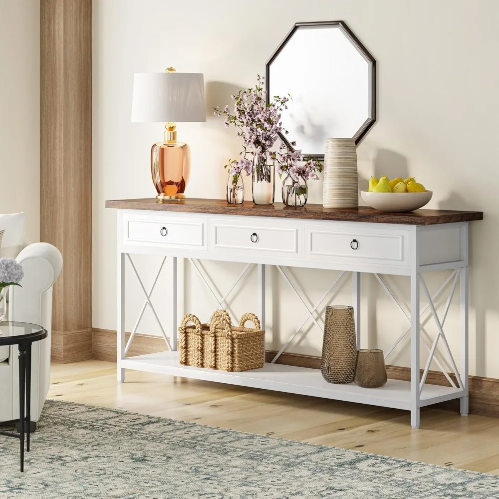 70.8" Console Table with 3 Drawers, Farmhouse Entryway Table with Storage Shelf, Narrow Long Sofa Foyer Table ,  (White/Brown) 3
