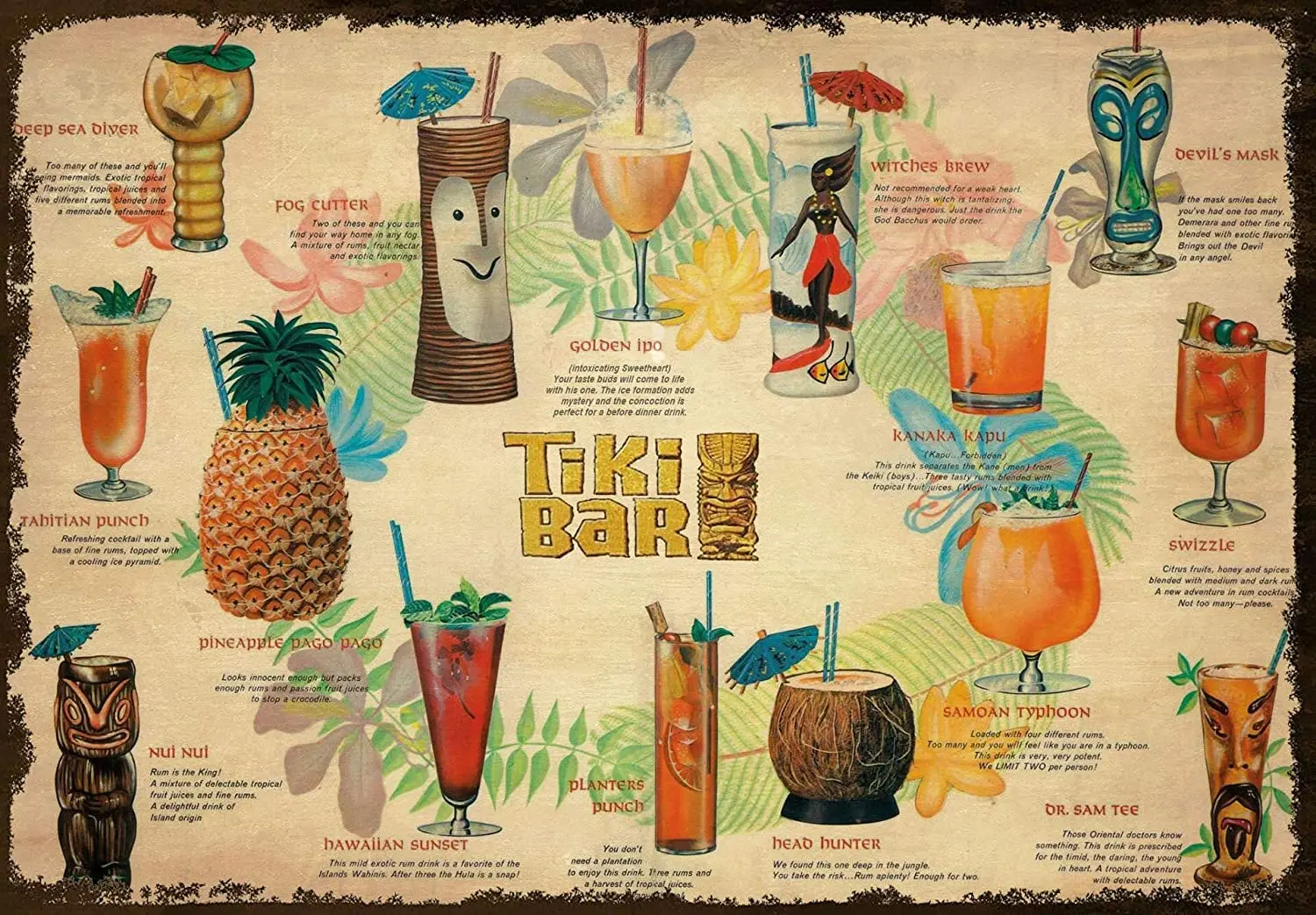

Metal Poster Tiki Bar,Summer Cocktail Menu Metal Tin Sign,Retro Tin Sign for Home Hotel Bar Cafe Outdoor Wall Decoration