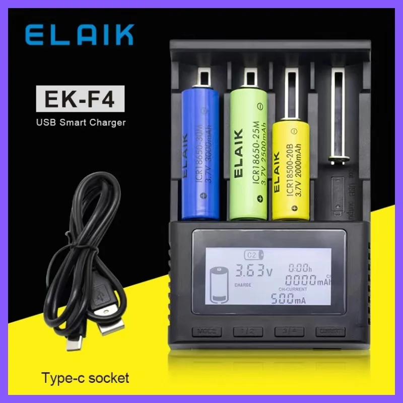 

ELHAIK EK-F4 18650 battery charger 3.7V AA/AAA 26650 21700 14500 26500 18500 18350 2/4 Slots smart charger