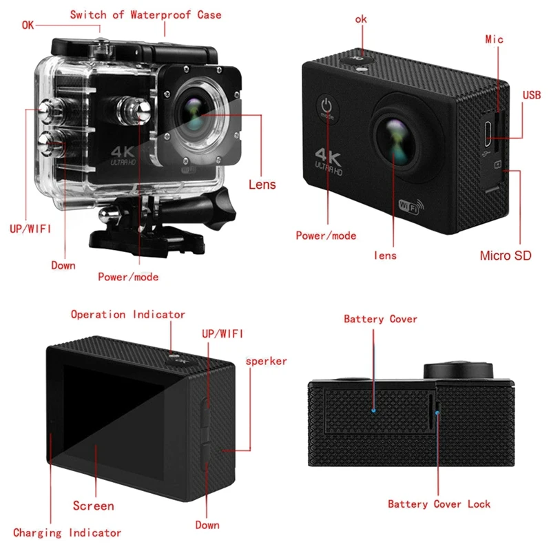 SJ9000 와이파이 4K 1080P 울트라 HD 스포츠 액션 카메라, DVR 캠코더, 방수 스포츠 카메라, 무선 카메라 H16-6S