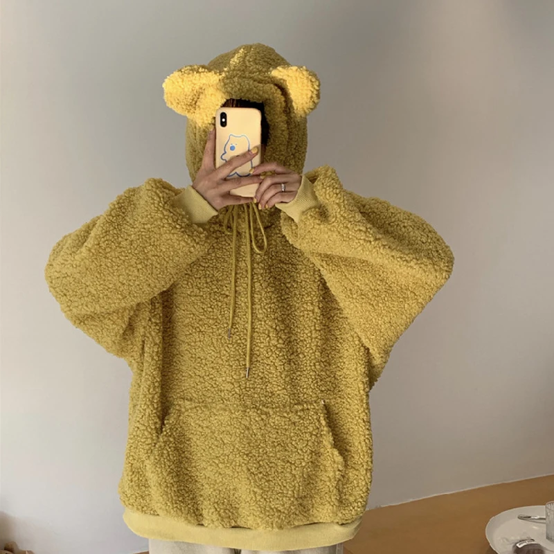 Women Korean Style Students oversized Hooded Pullover 2024 Winter Warm Wool Bear Ear Hooded Sweatshirt Hoodies Tops Oversized