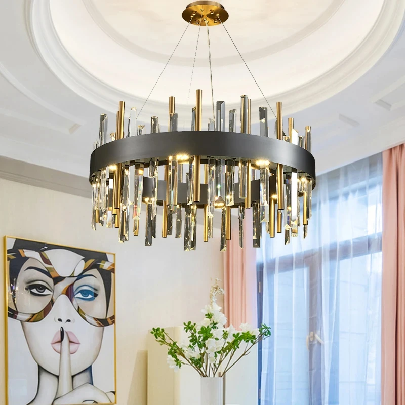 

New modern crystal chandelier for living room round led cristal light lustre bedroom decor gold/black hanging lighting fixtures