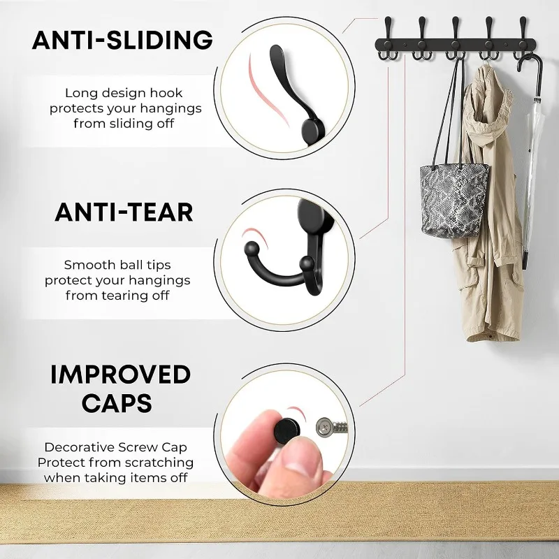 Wall Mounted Coat Rack, Five Heavy Duty Tri Hooks All Metal Construction for Jacket Coat Hat in Mudroom Entryway 3