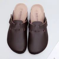 Unisex PU Leather Clogs Adjustable Buckle Slip On Cork Footbed Home Clog Slippers Mules Shoes 2
