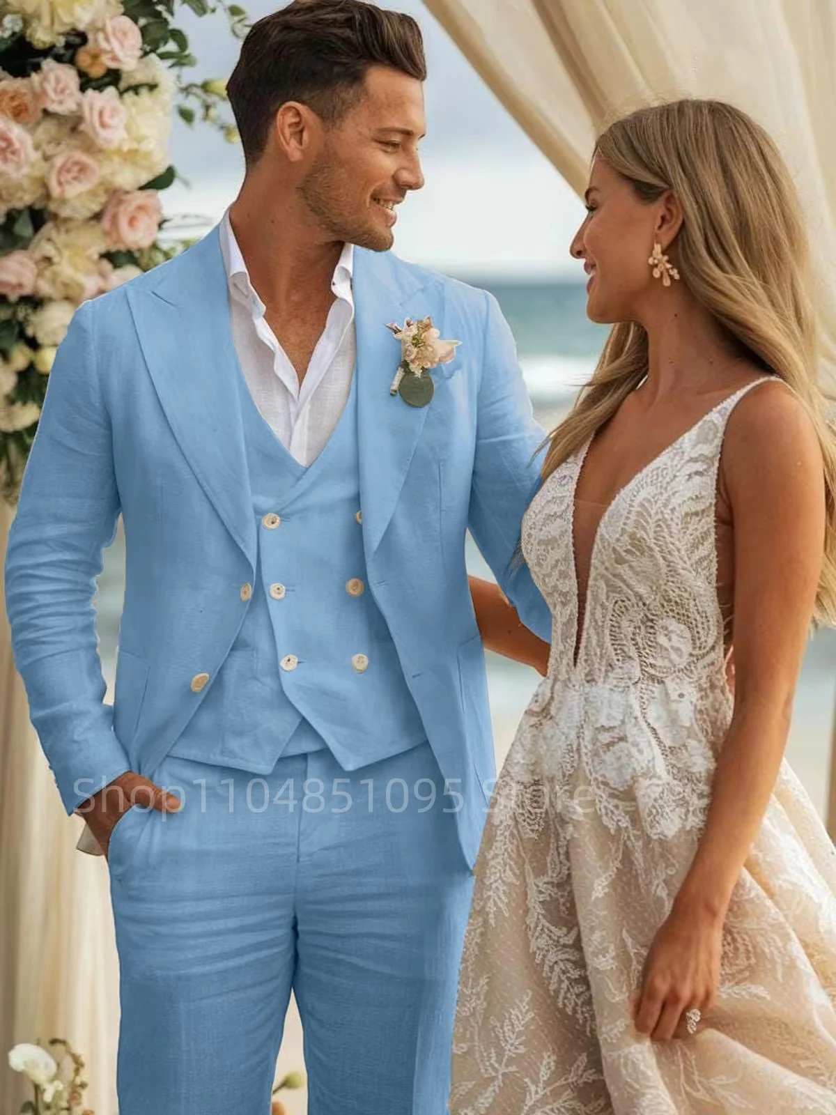 Men's Slim Fit Beige/Blue Linen Groom Tuxedo Three-Piece Suit Peak Lapel Jacket Vest Set for Wedding Party Prom Dinner Business