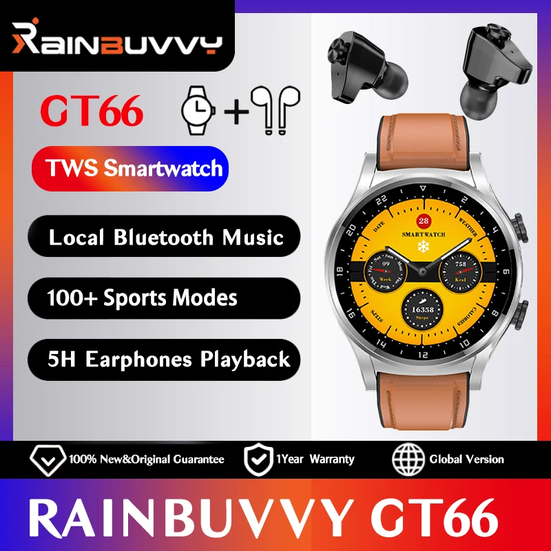 

Rainbuvvy GT66 Smart Watch With TWS Bluetooth Earphones Full Touch Screen NFC Waterproof Sport Wristband