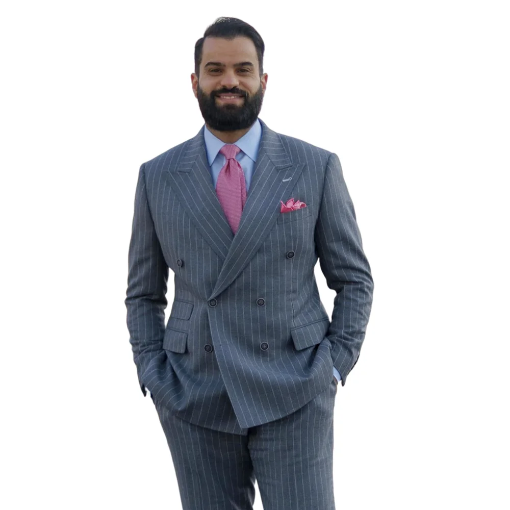 

Grey Mens Peak Lapel Striped Suits Custom Made Double Breasted Bridegroom Costume Homme Wedding Wear 2 Piece Slim Custom Made