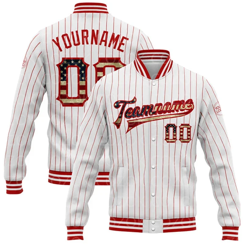 

Custom White Red Color 3D Printed Baseball Button Jacket Bomber Full-Snap Varsity Letterman Jacket