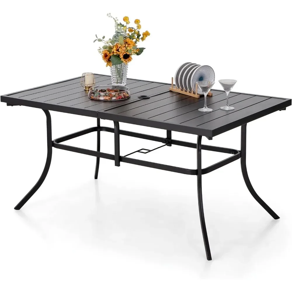 

6-Person Outdoor Metal Steel Slat Dining Rectangle Table with Adjustable Umbrella Hole,Weather-Resistant for Patio Outdoor Black