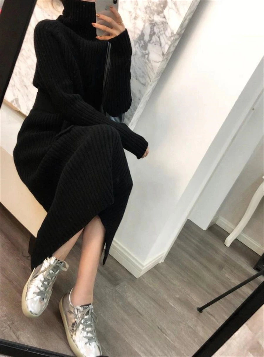 Turtleneck Loose Knitted Sweater Dress Korean Knitwear Long Dresses Thick Elegant Casual Vestidos Women Fall Winter New Robe