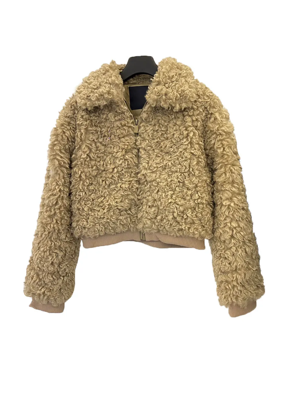 

Lamb wool jacket lapel short loose fit solid colour zip design warm and comfortable 2023 winter new 1221