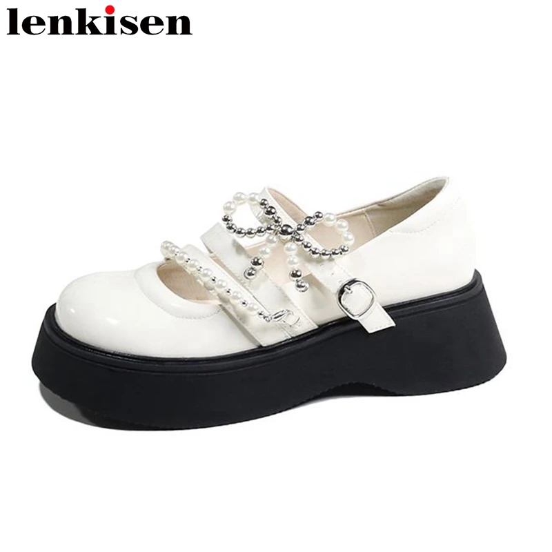 

Lenkisen 2023 Sheep Leather Round Toe Casual Loafers Shoes Med Heels Fashion Beading Butterfly-knot Slip on Brand Women Pumps