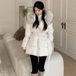2024 Women's Winter Fashion Fox Fur Collar Hooded Coats Female Thick White Duck Down Jackets Ladies Slim Warm Overcoats Q775