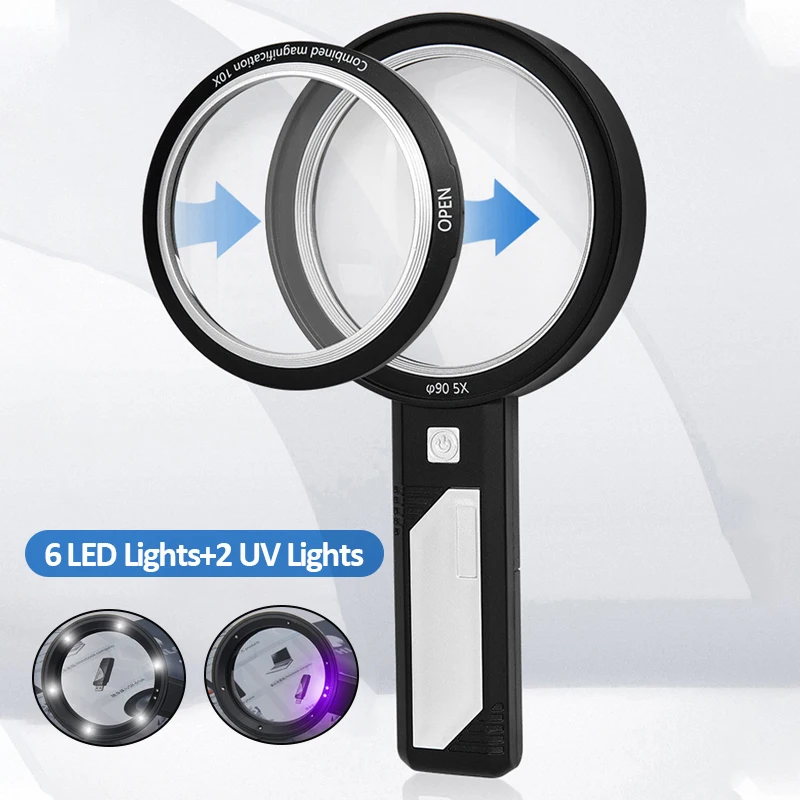

Handheld Magnifying Glass with 6LED Lights + 2 UV Lights Combined Double-lens Magnifier For Reading Antique Jewelry Appraisal