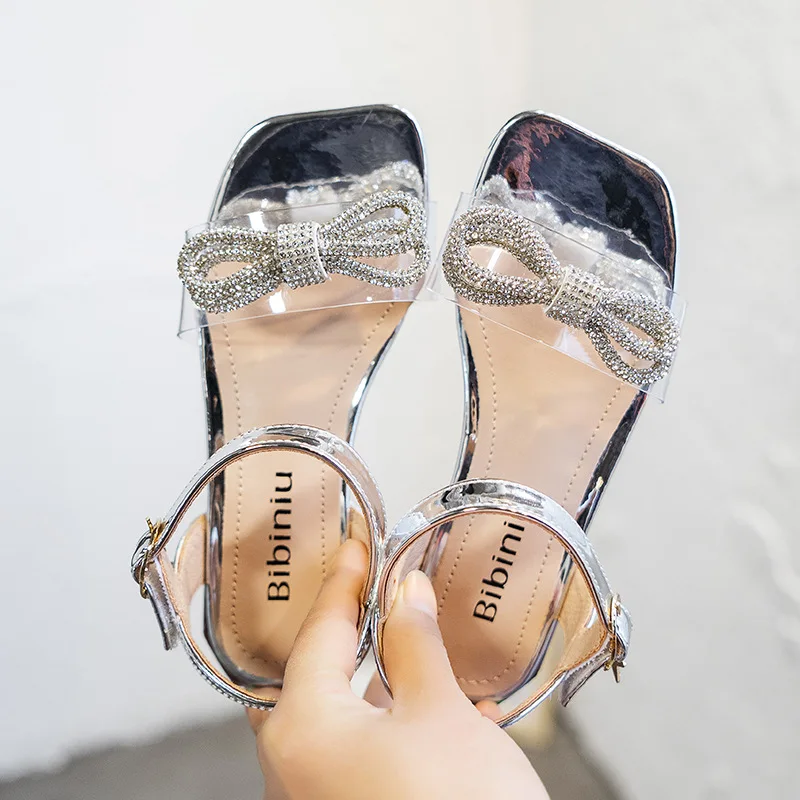 Children's Princess Sandals 2022 Summer Rhinestone Bow Fashion Girl High Heels Soft Sole Dress Sweet Shoes Beach Kids Gift extra wide children's shoes